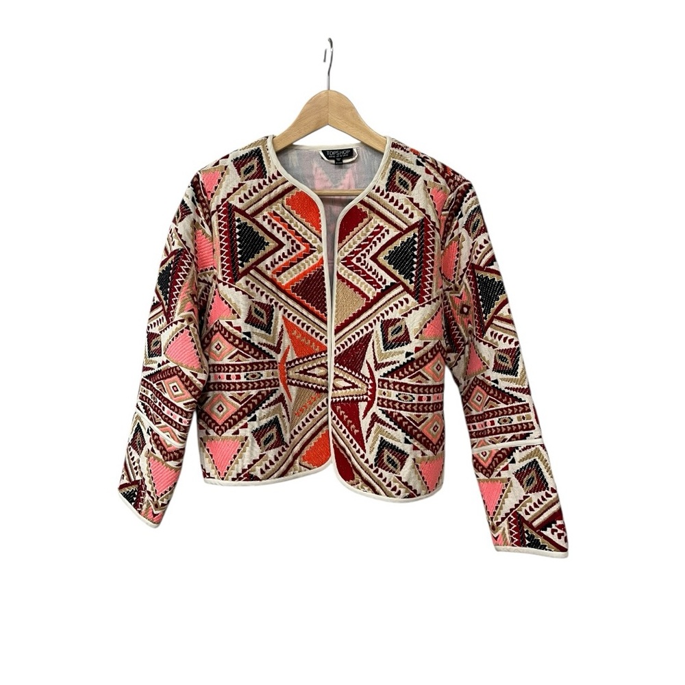 Topshop Embroidered Jacquard Aztec Blazer Jacket US 10 Pink Red Cream Blue - Picture 3 of 8